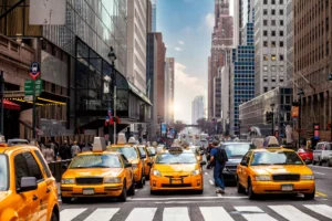 "Multiple taxis wait at a red light amidst the towering skyscrapers of New York City, illustrating the hustle and bustle of urban life."