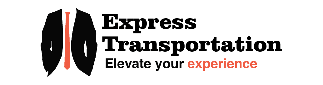 Logo of Express Transportation featuring a man in a black suit and red tie on the right side, with the company name 'Express Transportation' and the slogan 'Elevate Your Experience' underneath.