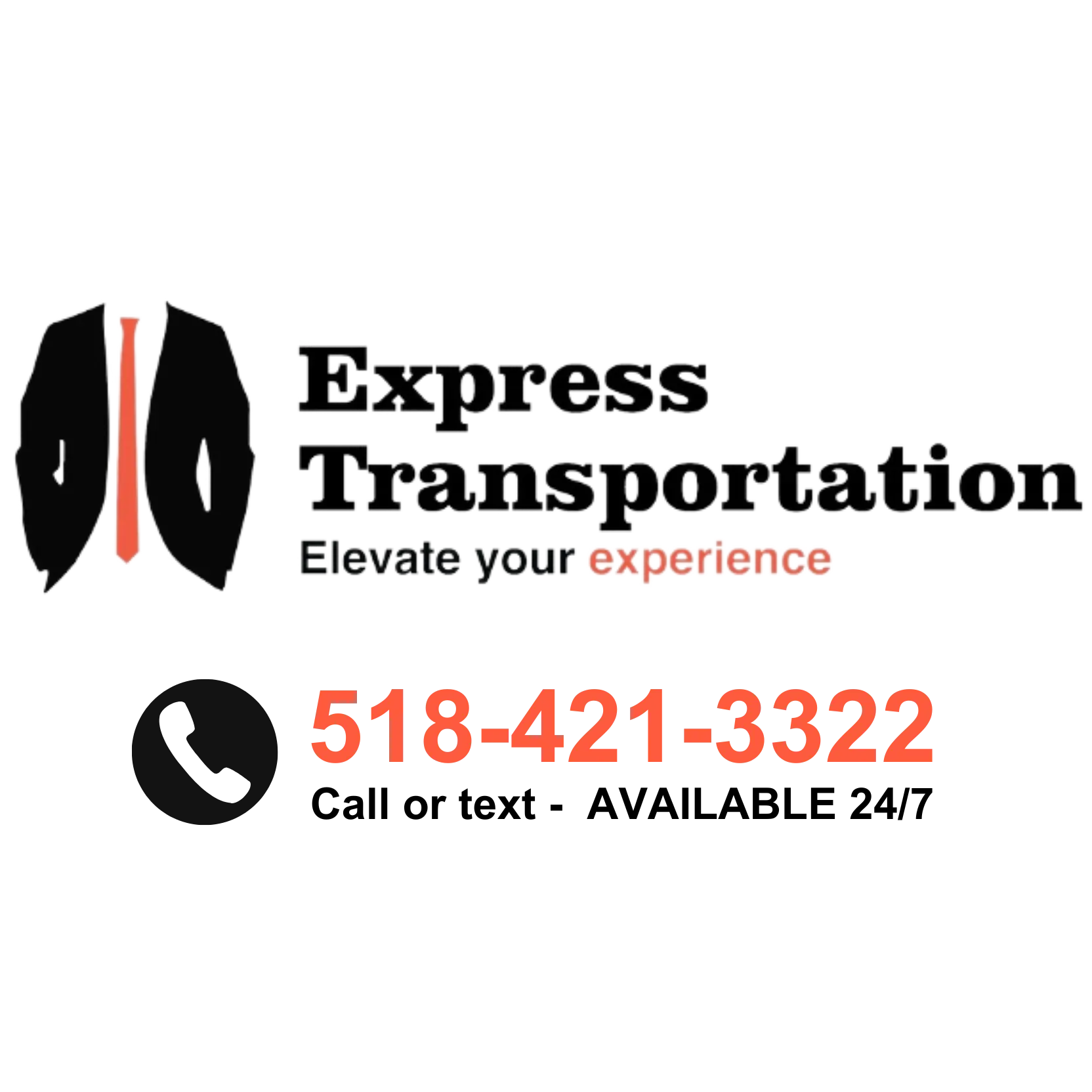 "Express Transportation logo featuring a sleek design with bold typography. Below the logo, the phone number is displayed prominently, with the text 'Open 24/7' indicating round-the-clock availability."